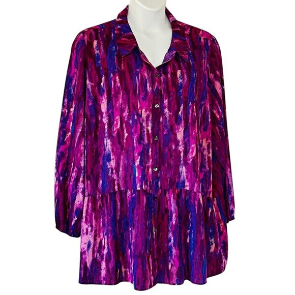 LOGO by Lori Goldstein® Button Front Tunic Stretch Woven Crepe Purple Blue 3X - Picture 2 of 7